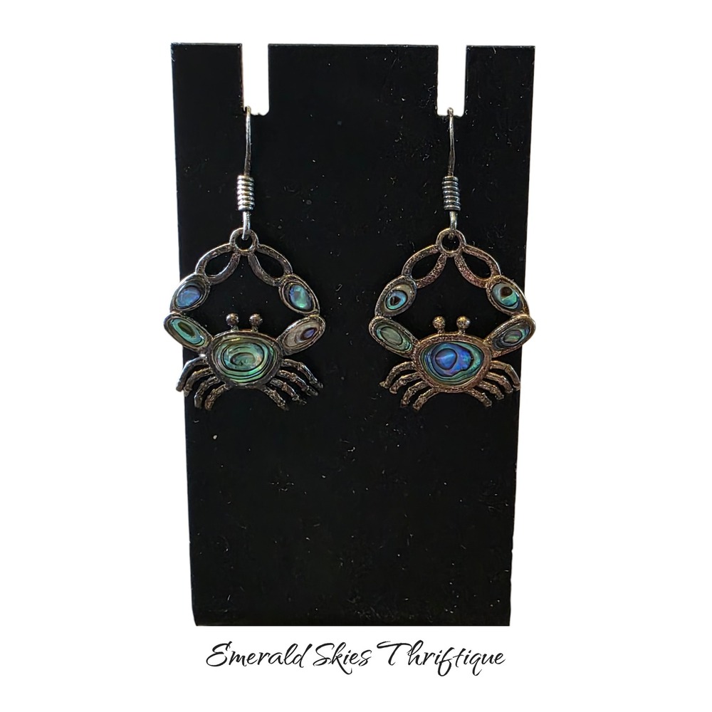 Vintage sterling silver mother of pearl crab dangle beach earrings  free ship
